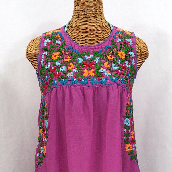 Mexikanische Bauern Top Bluse ärmellose Hand bestickt: "La Sirena" in Fuchsia rosa mit mehrfarbigen Stickerei - Größe MEDIUM