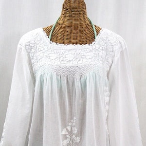 Embroidered Peasant Blouse: "La Marina Larga" in White with White Embroidery Long Sleeve Style ~ Size XL