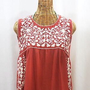 Mexican Peasant Top Blouse Sleeveless Hand Embroidered: "La Sirena" in Terracotta with Cream Embroidery ~ Size MEDIUM