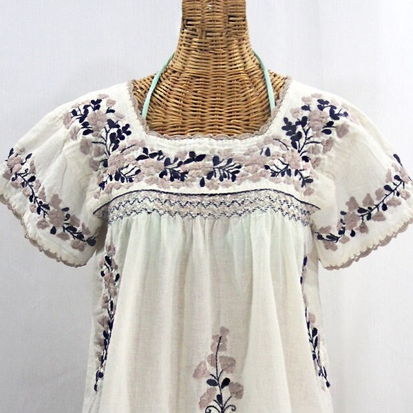 Embroidered Peasant Blouse: "La Marina Corta" in Off White with Navy + Cocoa Embroidery ~ Size XL