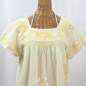 Embroidered Peasant Blouse: "La Marina Corta" in Pale Yellow with Yellow Mix Embroidery ~ Size XL