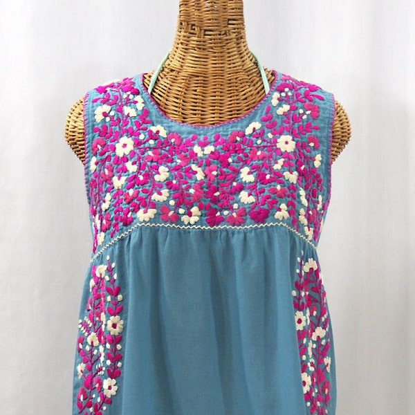 Hand Embroidered Tank Top Sleeveless Embroidered Blouse: "La Sirena" in Pool + Pink Mix Embroidery ~ Size MEDIUM