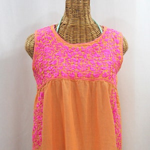 Embroidered TankTop Blouse Sleeveless Hand Embroidered: "La Sirena" in Orange Cream with Neon Pink Embroidery ~ Size MEDIUM