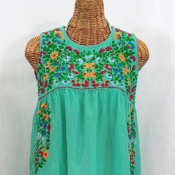 Embroidered Peasant Top Blouse Sleeveless Hand Embroidered: "La Sirena" in Mint Green with Multi-color Embroidery ~ Size MEDIUM