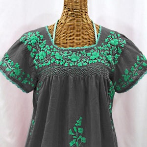 Embroidered Peasant Blouse: "La Marina Corta" in Grey with Mint Green Embroidery ~ Size MEDIUM