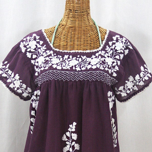 Embroidered Peasant Blouse: "La Marina Corta" in Plum Purple with White Embroidery ~ Size MEDIUM