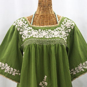 Embroidered Peasant Blouse: "La Marina" in Fern Green with Cream Embroidery ~ Size XL