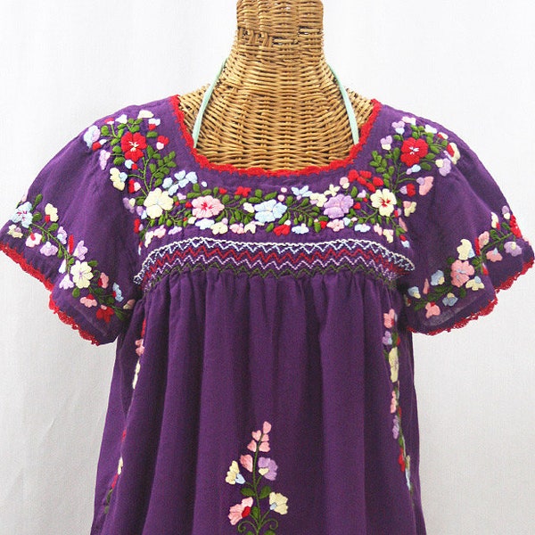 Embroidered Peasant Blouse: "La Marina Corta" in Purple with Multi-color Embroidery ~ Size MEDIUM