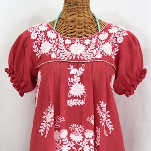 Embroidered Mexican Style Blouse Top Hand Embroidered: "La Mariposa" Tomato Red with White Embroidery ~ Size MEDIUM