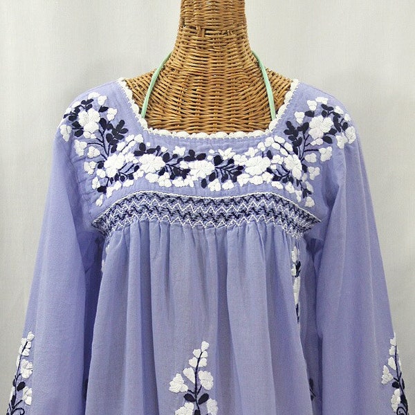 Embroidered Peasant Blouse: "La Marina Larga" in Periwinkle with White and Navy Embroidery Long Sleeve Style ~ Size XL