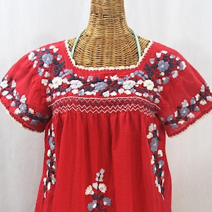 Embroidered Peasant Blouse: La Marina Corta in Red with Grey Mix Embroidery Size MEDIUM image 1