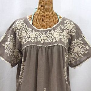 Embroidered Peasant Blouse XL: "Lijera Libre" by Siren in Fog Grey with Cream Embroidery