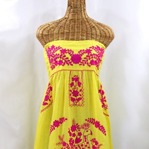 Embroidered Peasant Dress Hand Embroidered Sundress: "La Canaria" Yellow with Magenta Embroidery