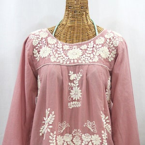 Long Sleeve Embroidered Peasant Blouse Top Hand Embroidered: "La Mariposa Larga" Dusty Light Pink with Cream Embroidery ~ Size LARGE