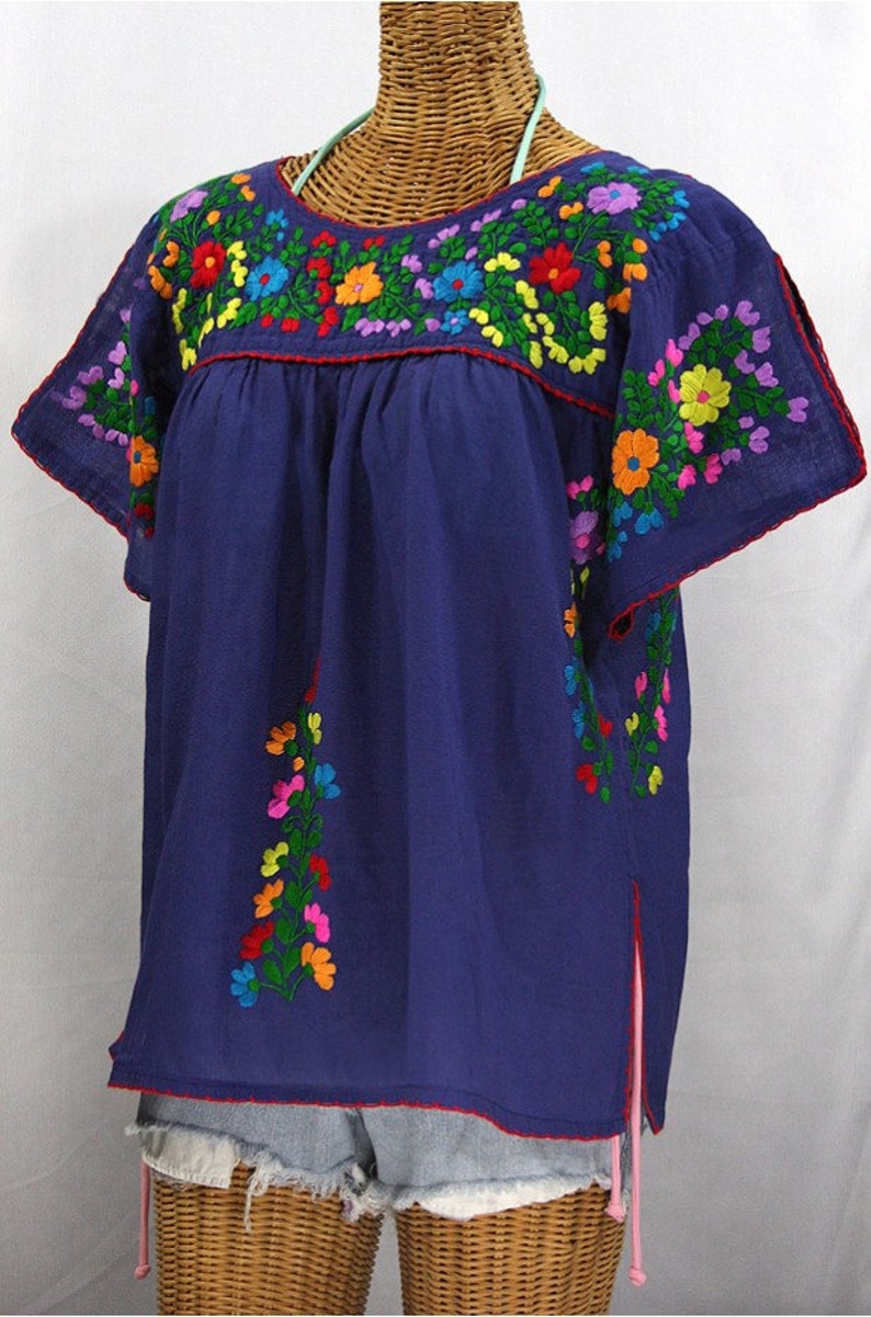 Lijera Denim Blue Mexican Peasant Top Blouse Hand Embroidered Multi Color Rainbow Embroidery ~ Size MEDIUM