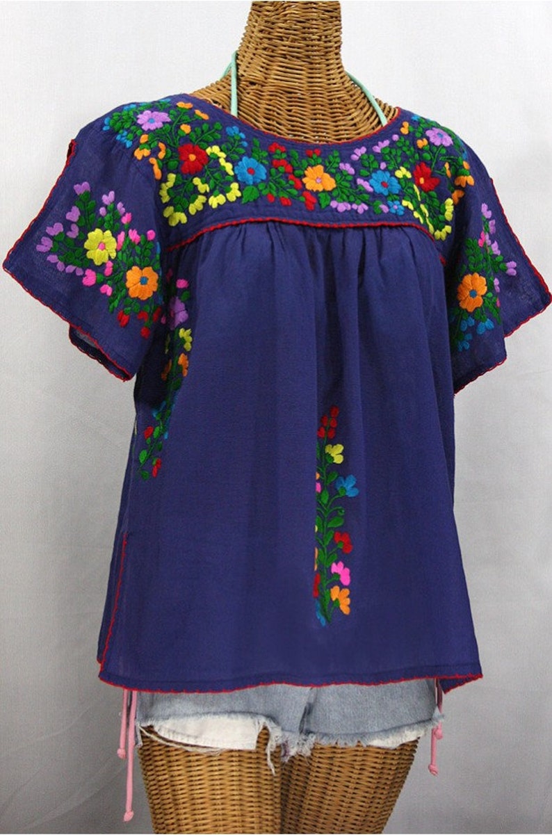 Lijera Denim Blue Mexican Peasant Top Blouse Hand Embroidered Multi Color Rainbow Embroidery ~ Size MEDIUM