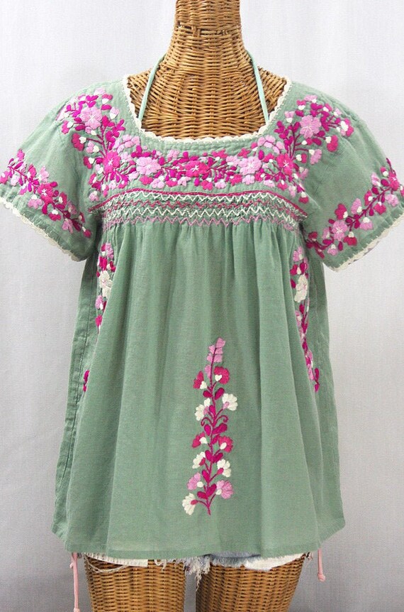 Embroidered Peasant Blouse la Marina Corta in Sage Green With Bright Pink Mix Embroidery Size MEDIUM Etsy Canada