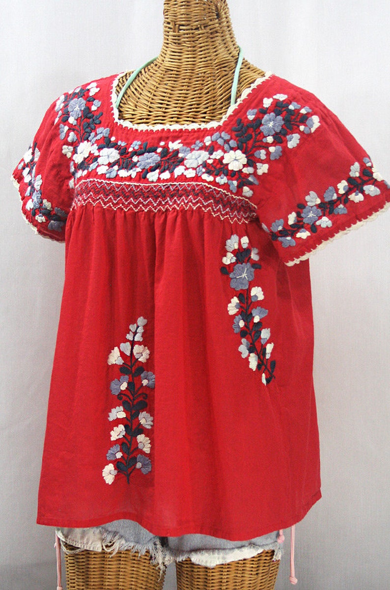 Embroidered Peasant Blouse: La Marina Corta in Red with Grey Mix Embroidery Size MEDIUM image 3