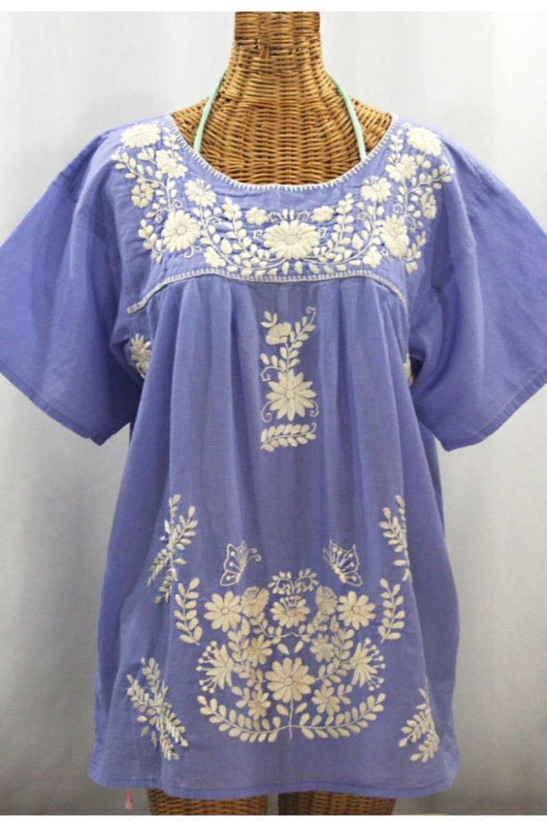 XXL Embroidered Mexican Blouse Cream Embroidery Mariposa Libre by Siren in Periwinkle