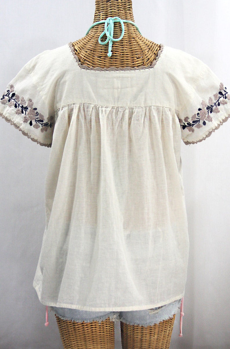 Embroidered Peasant Blouse La Marina Corta in Off White with Cocoa and Navy Embroidery ~ Size MEDIUM