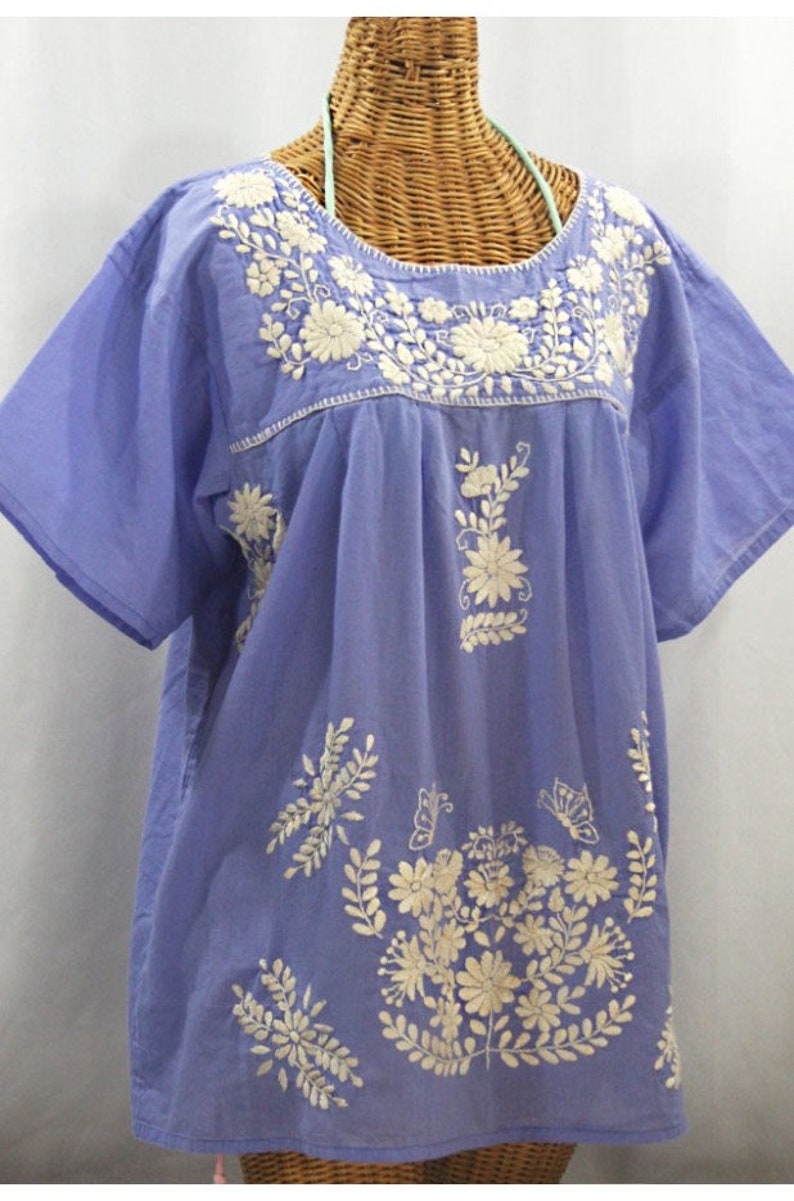 XXL Embroidered Mexican Blouse Cream Embroidery Mariposa Libre by Siren in Periwinkle