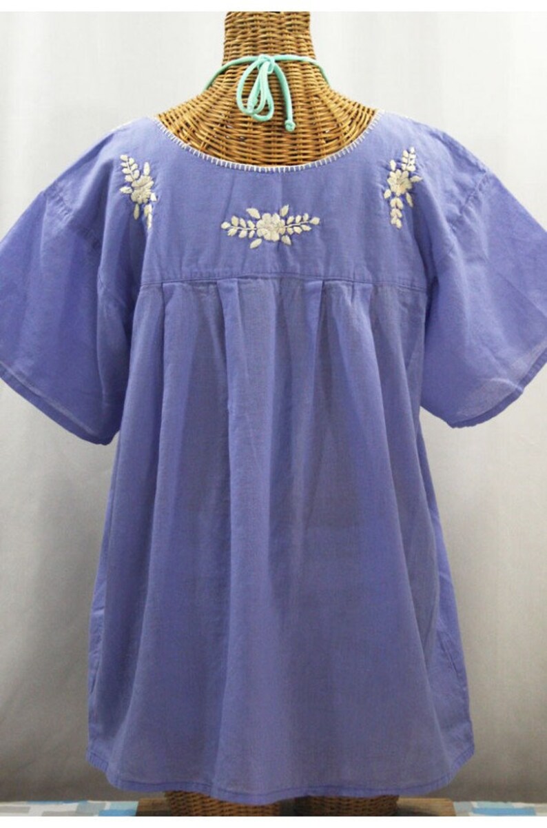 XXL Embroidered Mexican Blouse Cream Embroidery Mariposa Libre by Siren in Periwinkle