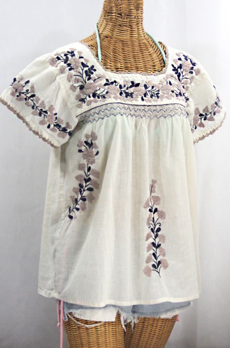Embroidered Peasant Blouse La Marina Corta in Off White with Cocoa and Navy Embroidery ~ Size MEDIUM