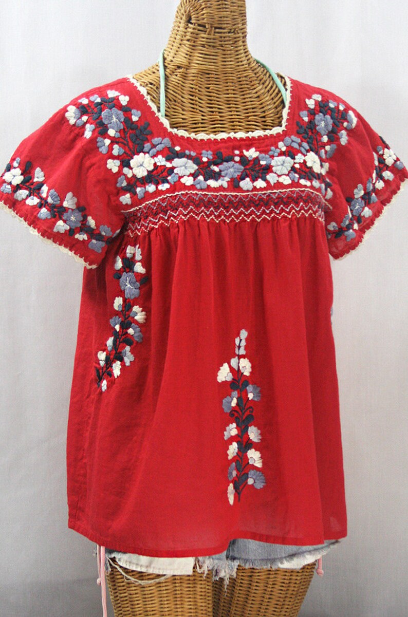 Embroidered Peasant Blouse: La Marina Corta in Red with Grey Mix Embroidery Size MEDIUM image 2