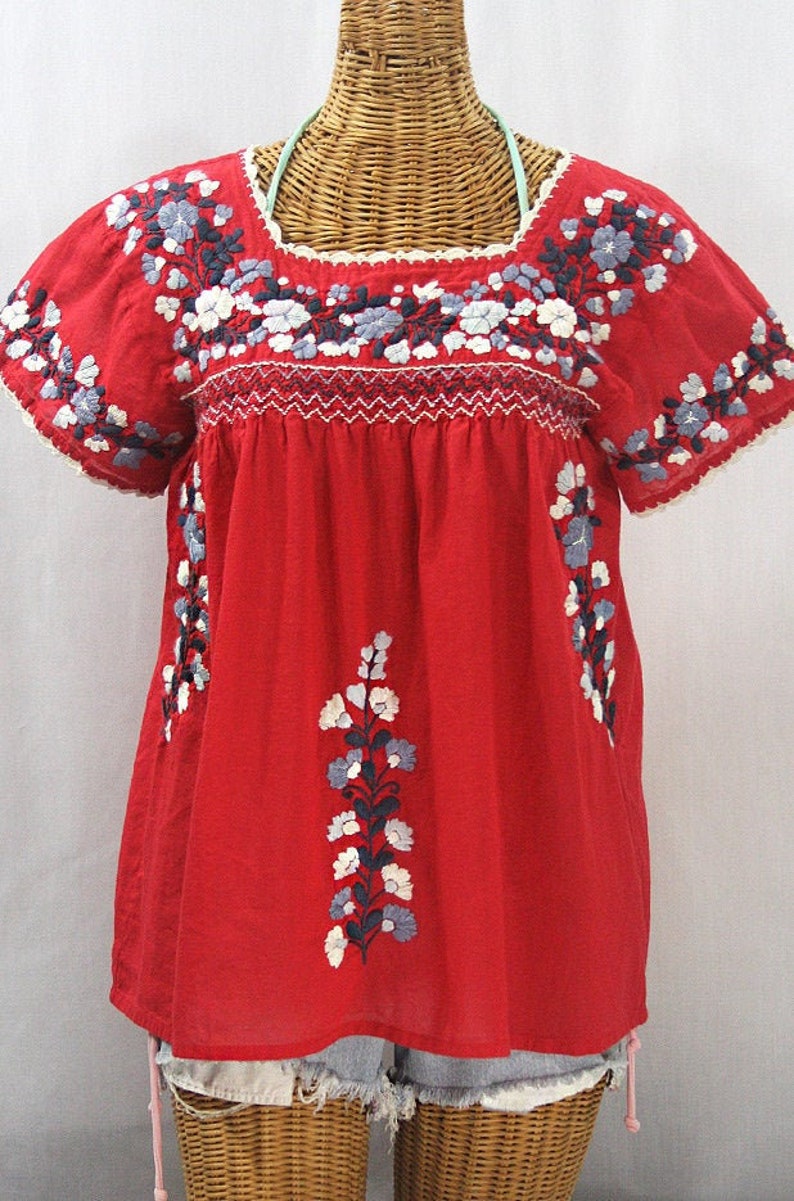 Embroidered Peasant Blouse: La Marina Corta in Red with Grey Mix Embroidery Size MEDIUM image 1