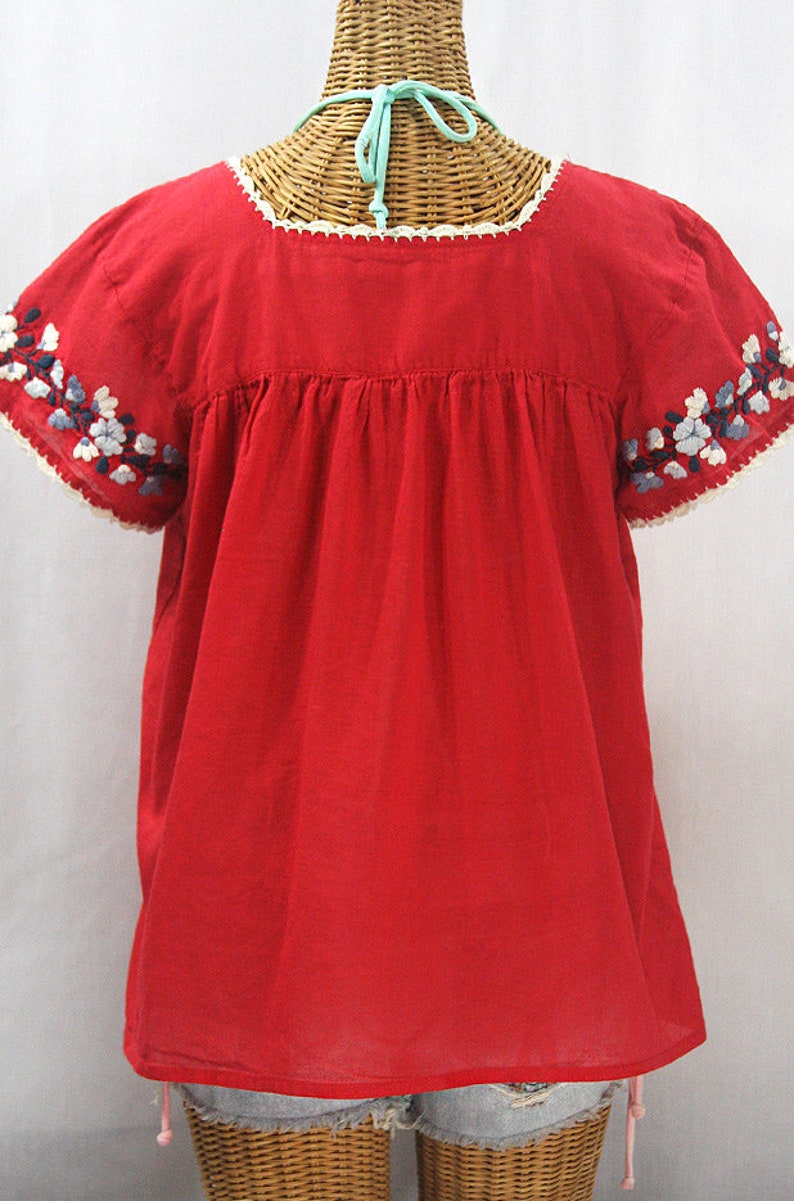 Embroidered Peasant Blouse: La Marina Corta in Red with Grey Mix Embroidery Size MEDIUM image 4