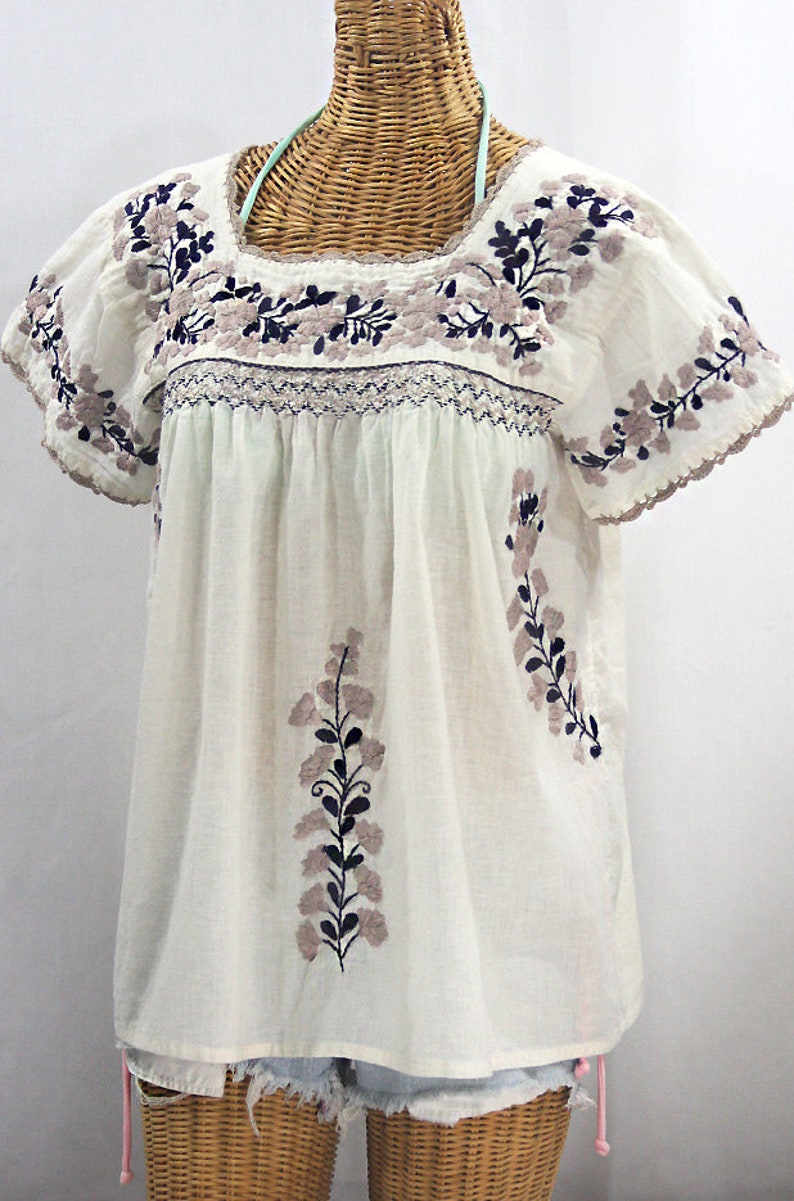 Embroidered Peasant Blouse La Marina Corta in Off White with Cocoa and Navy Embroidery ~ Size MEDIUM