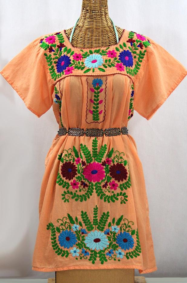 Embroidered Peasant Dress Hand Embroidered Mini Dress or Tunic: "La Poblana" Orange Cream with Multi Embroidery ~ Size MEDIUM