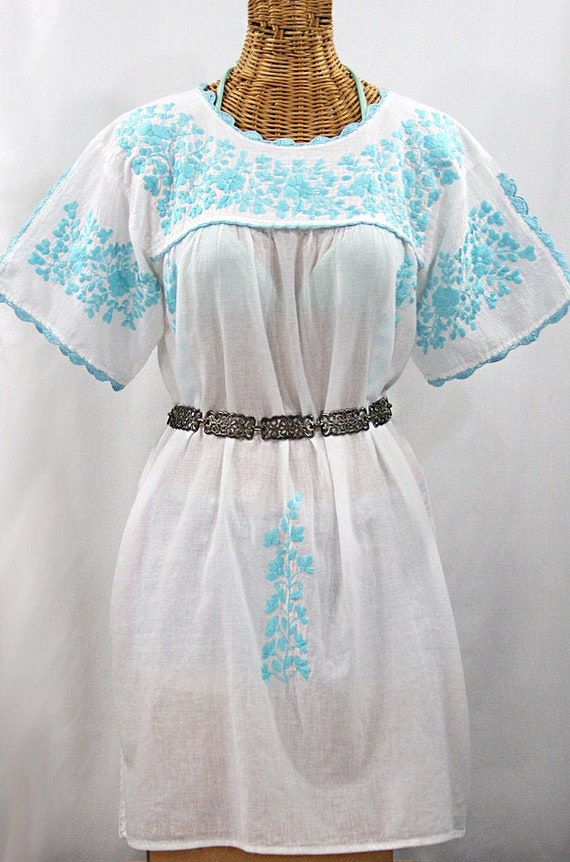 Embroidered Peasant Dress Hand Embroidered Mini Dress or Tunic: La Primavera White with Neon Blue Embroidery ~ Size MEDIUM Embroidered Peasant Dress Hand Embroidered Mini Dress or Tunic: La Primavera White with Neon Blue Embroidery ~ Size MEDIUM