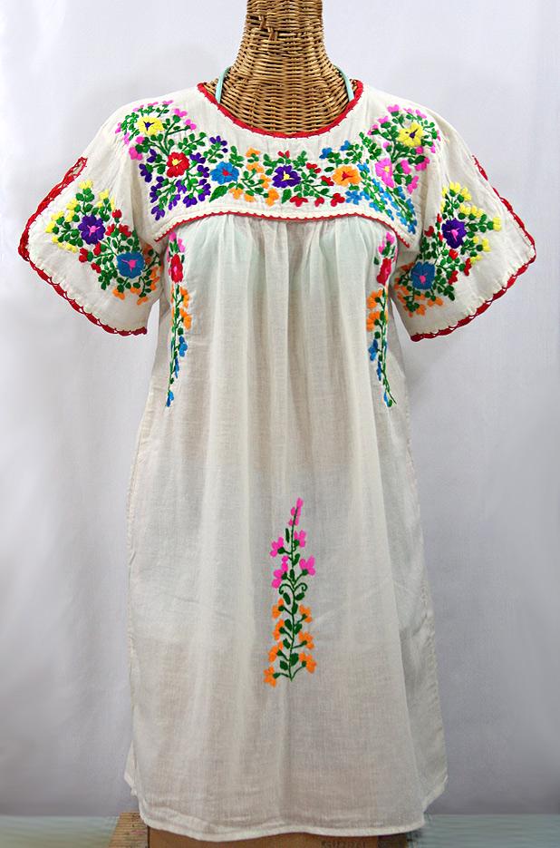 Embroidered Peasant Dress Hand Embroidered Mini Dress or Tunic: La Primavera Off White with Multi-colored Rainbow Embroidery ~ Size MEDIUM