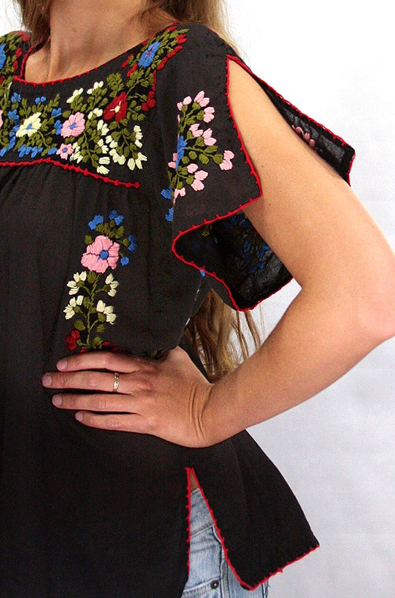 Lijera Denim Blue Mexican Peasant Top Blouse Hand Embroidered Multi Color Rainbow Embroidery ~ Size MEDIUM