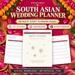 May include: A digital South Asian wedding planner with 48 multi-event planning pages. The document features a cream-colored cover with red floral line art, the text Together, Beautifully, and includes event overview and glance templates.