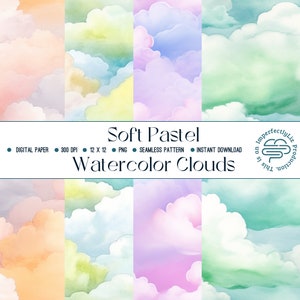 Soft Pastel Clouds | Watercolor Digital Paper Pack | 12x12 Seamless Backgrounds | High-Resolution PNG | Printable Scrapbook Paper