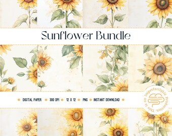 May include: A digital paper pack featuring 12 watercolor sunflower designs. Each design is 12 inches by 12 inches and 300 DPI. The designs are perfect for creating digital projects, such as invitations, cards, and scrapbook pages.