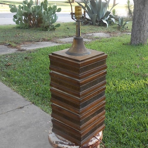 Vintage 1960s Stacked Wood Brass Large Table Accent Lamp Cubist Sculpture Block Unique Design has Lucite Brass Wood Boho Modern Farmhouse image 1