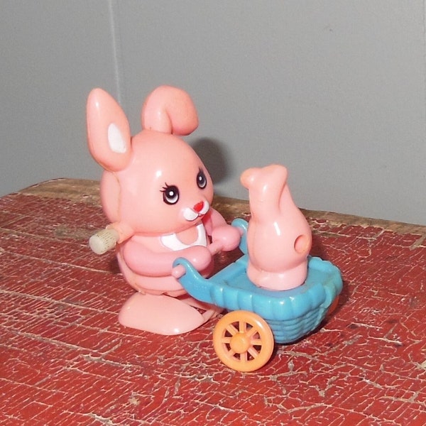 Vintage Wind Up Walking Toy Bunny Pushing Baby Stroller Marked Easter Unlimited Inc. Mama Bunny Pushing Baby Buggy