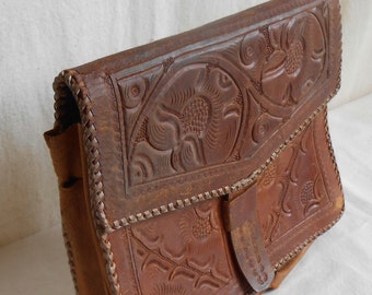 Vintage Hand Tooled Leather Purse Clutch Made in Guatemala Handmade Leather Boho Bag Cowgirl Rockabilly Chic Western Style Handbag