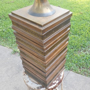 Vintage 1960s Stacked Wood Brass Large Table Accent Lamp Cubist Sculpture Block Unique Design has Lucite Brass Wood Boho Modern Farmhouse image 2