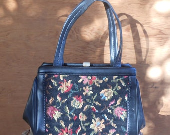 Vintage Tapestry Black Floral Needlework Purse Carpet Bag 1960s Top Handle Needlepoint Handbag Floral Flower Tapestry Bag 1960 Bag