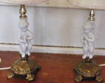 Vintage Pair of Lamps Cherub Ornate Brass Base Porcelain Ceramic Gold Bronze Base