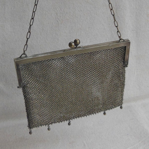 Vintage Mesh Purse German Silver Early 1900s Engraved Frame Edwardian Turn of Century Metal Mesh Evening Bag Chainmail Costume