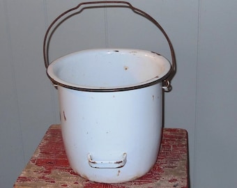 Antique White Enamel Chamber Pot Modern Day Planter Plant Holder Bucket with 2 Handles Rusted Metal Pot