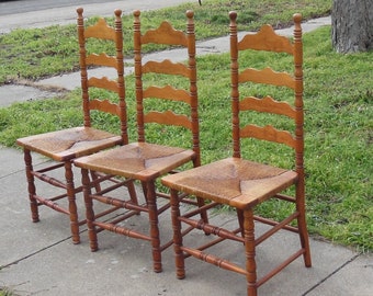 Vintage Set of 3 Ladderback Rush Seat Chairs Made by Boling Very Good Condition Tall Ladderback Farmhouse Cottagecore Kitchen Dining Chairs