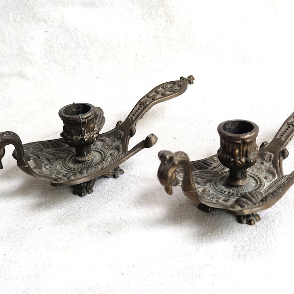 Vintage Pair of Ornate Brass or Bronze Phoenix Peacock Candleholders Taper Candlestick Holders Bird Design