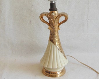 Mid Century Modern Lamp Gold White Cream Ceramic Table Lamp Desk Lamp 24k Gold Leaf Gilt Lighting Atomic Age 1950 Boho BoudoirTextured Lamp