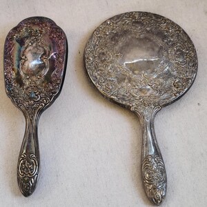 Antique Ornate Silverplate Hairbrush Mirror Boudoir Vanity Dressing Table Decor